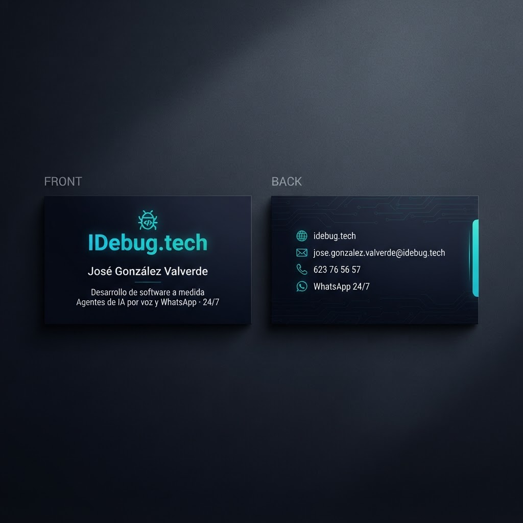 Mockup de la tarjeta de visita de IDebug.tech mostrando anverso y reverso